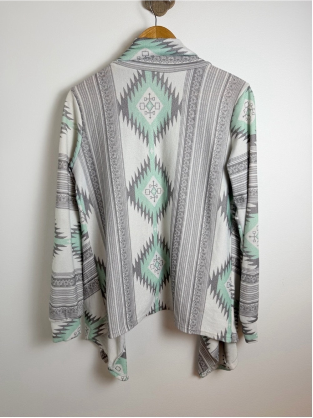 Southwestern Aztec Mint Gray Draped Open Front Cardigan - Picture 5 of 7